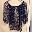 Angie  Size Large Navy Blue 3/4 sleeve Paisley 100% Rayon Blouse Photo 5