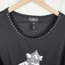 Brooks Karen  Black Silver Sequin Cat High Low Hem Scoop Neck Blouse Size Large Photo 2