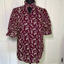 Ann Taylor  NWT Women's Small Maroon Floral Embroidered Blouse Puff Sleeve Ruffle Photo 3