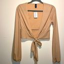 Windsor - Tan Sheer Textured Open Wrap Crop Top with Long Sleeves- Size Small Photo 0