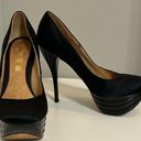 L.A.M.B. Gwen Stefani Black Satin & Leather Platform High Heel Pumps Photo 0