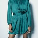 ZARA NWT  Satin Effect Mini Dress Sz Small Teal Blue Pleated Tie Back Photo 0