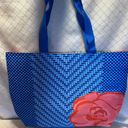 LANCOME Blue With Red Flower Lined Tote Bag Photo 0