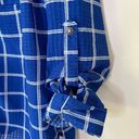 kim rogers  blue white semi-sheer window pane plaid button up blouse shirt L Photo 6