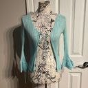 GUESS Jeans Vintage y2k Bolero Mint Ribbed Knit Flounce tie Sleeve Coquette Coastal Colorful Pastel Shrug Shawl Crop Cardigan ribbed summer fest western cottage Photo 0