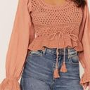 Free People Megan Crochet Knit Peplum Puff Long Sleeve Top in Orange Size Large Photo 0