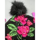 Betsey Johnson Women's Floral Knit Beanie With Faux Fur Pom Pom Roses Winter Pink Photo 2