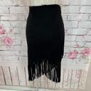 AQUA  Women's Faux Suede Long Fringed Asymmetrical Wrap Style Black Skirt Size S Photo 5