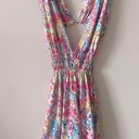 J'Adore Halter Deep V Mini Dress in Blue/Pink Watercolor Floral Size L Photo 4