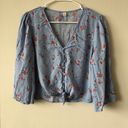 Alya  Blue Floral Cropped Tie Front Button Up Top - Size Small Photo 0