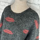 POL  Oversized Sweater Size Medium Boxy Pullover Knit Fuzzy Gray Red Lips Photo 2