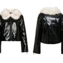 Unreal Fur Wet Look Aviator Biker Jacket Faux Leather & Fur Black Size Large NWT Photo 2