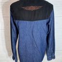 Harley Davidson Womens Harley-Davidson Blue Denim Snap Shirt Black Faux Suede Accents Size M Photo 1