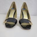 Unisa  Womens Shoes Size 7.5 Tan Black Patent Leather Peep Toe Slip On Heels Photo 8