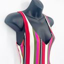 Solid & Striped  V Neck Low Back Striped One Piece Swimsuit Pink Small Photo 3