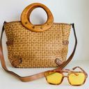 Fossil  Tan Woven Leather Wooden Top Handle Crossbody Medium Tote Bag Photo 0