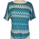 Lily White Blue chevron short sleeve top women's medium crochet round neck deep V lace back Photo 0