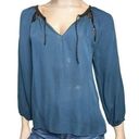 Ramy Brook  Women’s Size XS Blue Black Silk Tie Front Long Sleeve Top Blouse Photo 0