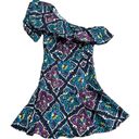 Natori Josie  Festive Blue Ruffle Patterned One Shoulder Fitted Dress Photo 0