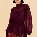 Farm Rio NWOT  Ruffle High Neck Blouse in Burgundy Photo 1