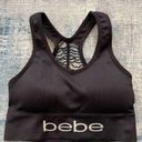 Bebe  Black Ribbed Knit Athletic Sports Bra w Cut Outs Large Photo 0