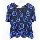 Laurence Kazar  Vintage Blue Black Sequin Floral Top 1X Photo 36