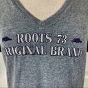 Roots  embroidered heather gray v-neck T-shirt, medium short sleeve cotton tee Photo 1