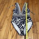 La Blanca  Plunge V-Neck Blue White Patterned One Piece Bathing Suit Photo 7