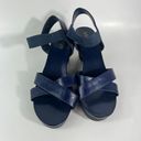 Ralph Lauren Lauren  LRL Navy Blue Leather Strappy Black Wedge Sandal Heels 10 Photo 1