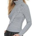 DKNY  Gray Asymmetrical Fringe Ribbed Turtleneck Sweater Sz Large PW6 Photo 7