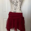 Bebe vintage y2k silk Asymmetrical Ruffle Cheerleader Layer High Low Maroon Chiffon tie belt Women's mini Skirt Size M Photo 0