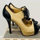 L.A.M.B. Tan & Black Leather Lace Up Peep Toe Platform Heels Womens Sz 7.5 Photo 0