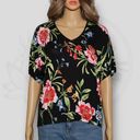 Carmen Marc Valvo Carmen Marc Volvo Black Floral Dolman Short Sleeve Oversized T-Shirt Size XS Photo 0