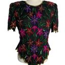 Laurence Kazar Vintage  Sequin Silk Blouse L Black Floral Zip Back Short Sleeves Photo 0