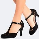 Modcloth  Black Fabric T Strap Maryjane Closed Toe Perforated Heels Size 9 Photo 0