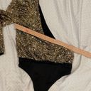 Revolve  H:ours Gold Sequin One Shoulder Long SleeveThong Bodysuit Size S Party Photo 5