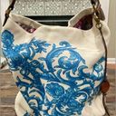 Elliott Lucca Blue & Cream Floral Pebbled Leather Hobo Bag Purse Photo 3