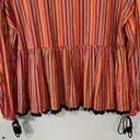 Amaryllis Red Rainbow Bohemian Stripe Peplum Long Sleeve Top with Pom Poms Photo 3