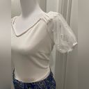 Timing White Blouse Crop Top With Mesh & Pearl Detail Puff Sleeves - M Photo 4