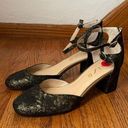 Unisa  NWOT Black and Metallic Gold Textured Lace Block Heel Ankle Strap Shoes Photo 0