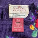 Susan Bristol Vintage  Hand Embroidered Wool Sweater Purple Floral Size 34 Small Photo 5