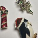 Christmas Holiday Brooch Pin Lot Of 3 Penguin In Santa Hat, Candy Cane, Bells Photo 3