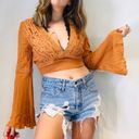 Essue Lace V Neck Crop Top Rust Bell Sleeves Photo 0