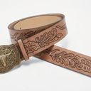 Western Bull Head Buckle Plus Size Belt Vintage Style Faux Leather Embossed 2XL Tan Photo 9