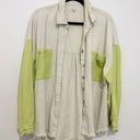 POL  lime green neon Cotton Denim Button-Up Long Sleeve Frayed Edge Shirt Shacket Photo 0