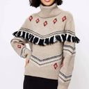 Lou & grey  For Loft Beige Long Sleeve Turtleneck Fair Isle Fringe Sweater Size S Photo 0