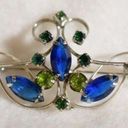 Source Unknown Rare Vintage 1960's Art Deco Blue/Green Rhinestone Silver Tone Brooch Like New Photo 0