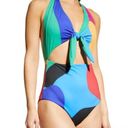 Mara Hoffman  Wisteria Maddy Colorblock One Piece Halter Plunge Swimsuit XXL Photo 0