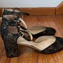 Unisa  NWOT Black and Metallic Gold Textured Lace Block Heel Ankle Strap Shoes Photo 3