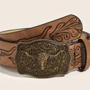 Western Bull Head Buckle Unisex‎ Belt Vintage Embossed Brown PU Leather Belt Size M Photo 6